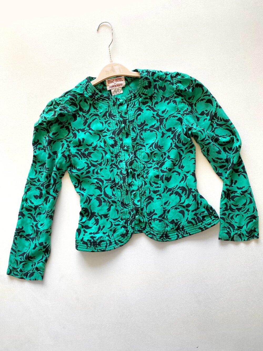 Vintage 1980s Maggy London 100% Silk Emerald Green Black Blouse Top Size 6